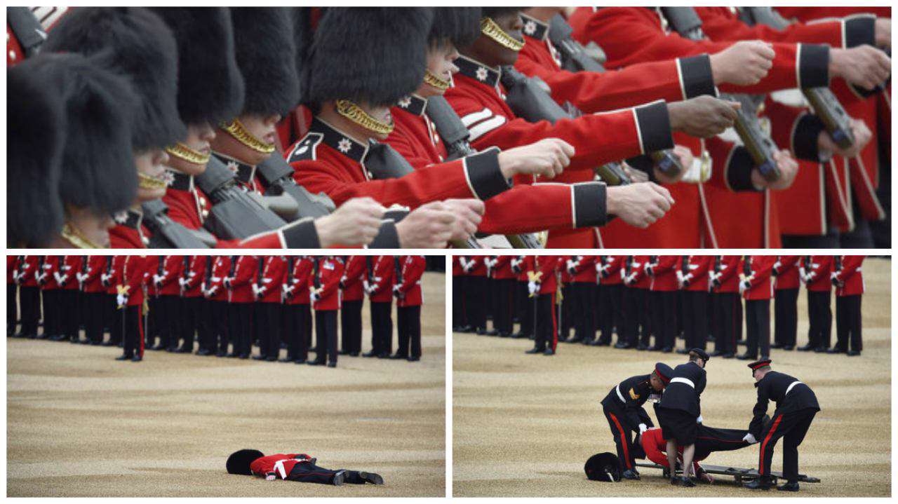 در مراسم جشن تولد ملکه انگلستان یکی از سربازان شرکت کننده در رژه بخاطر ایستادن به مدت طولانی از هوش رفت و نقش زمین شد!